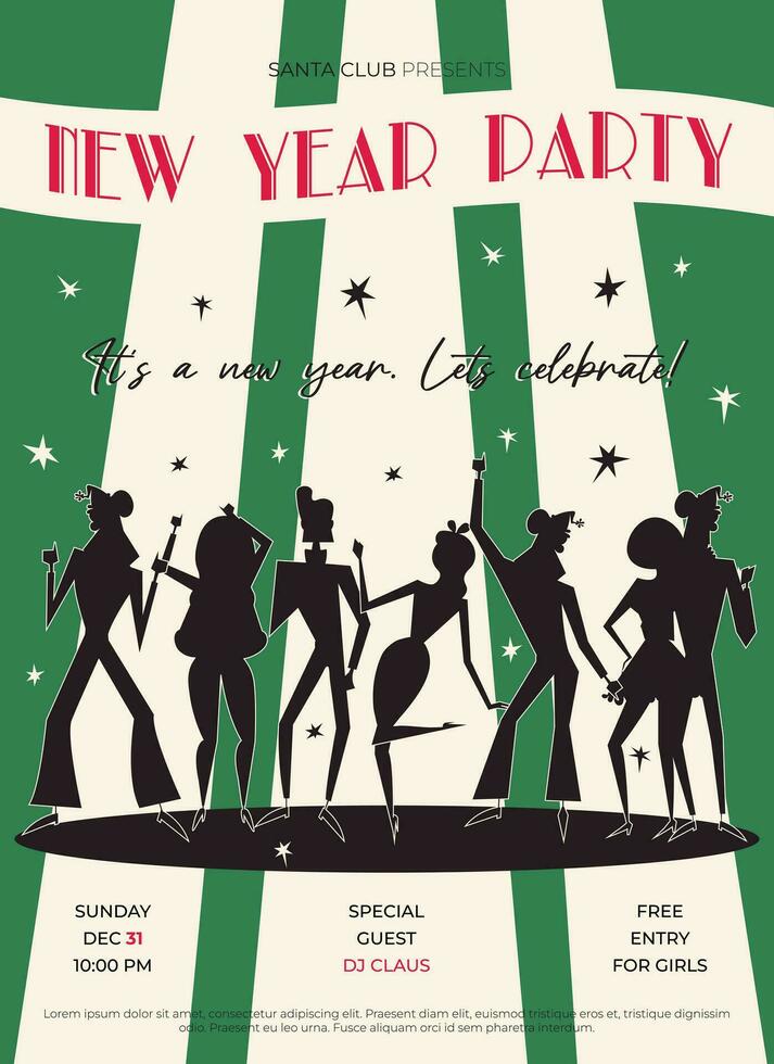 nacht club retro nieuw jaar partij uitnodiging. Jaren 60 - jaren 70 disco stijl Kerstmis poster. vector illustratie met dansen mensen silhouet.