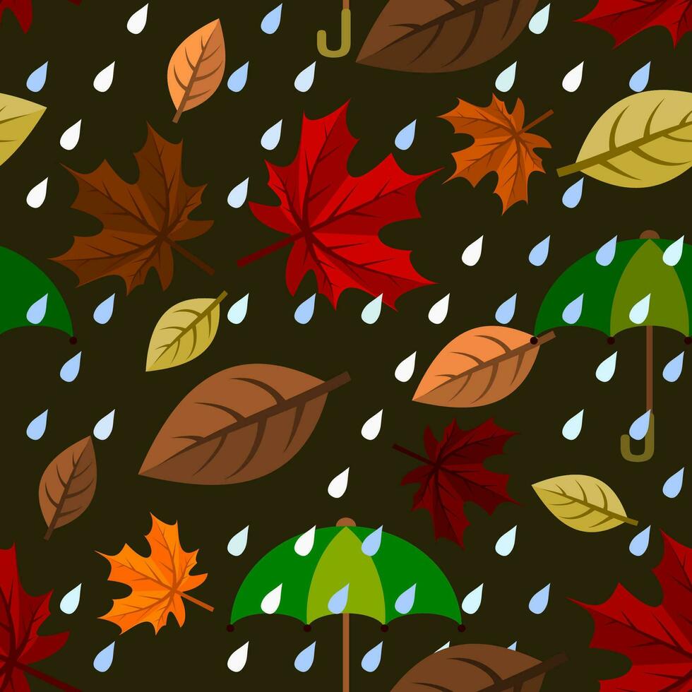 bewerkbare vector illustratie van regenachtig herfst vallend bladeren naadloos patroon met donker achtergrond voor decoratief element van natuur en seizoen verwant ontwerp