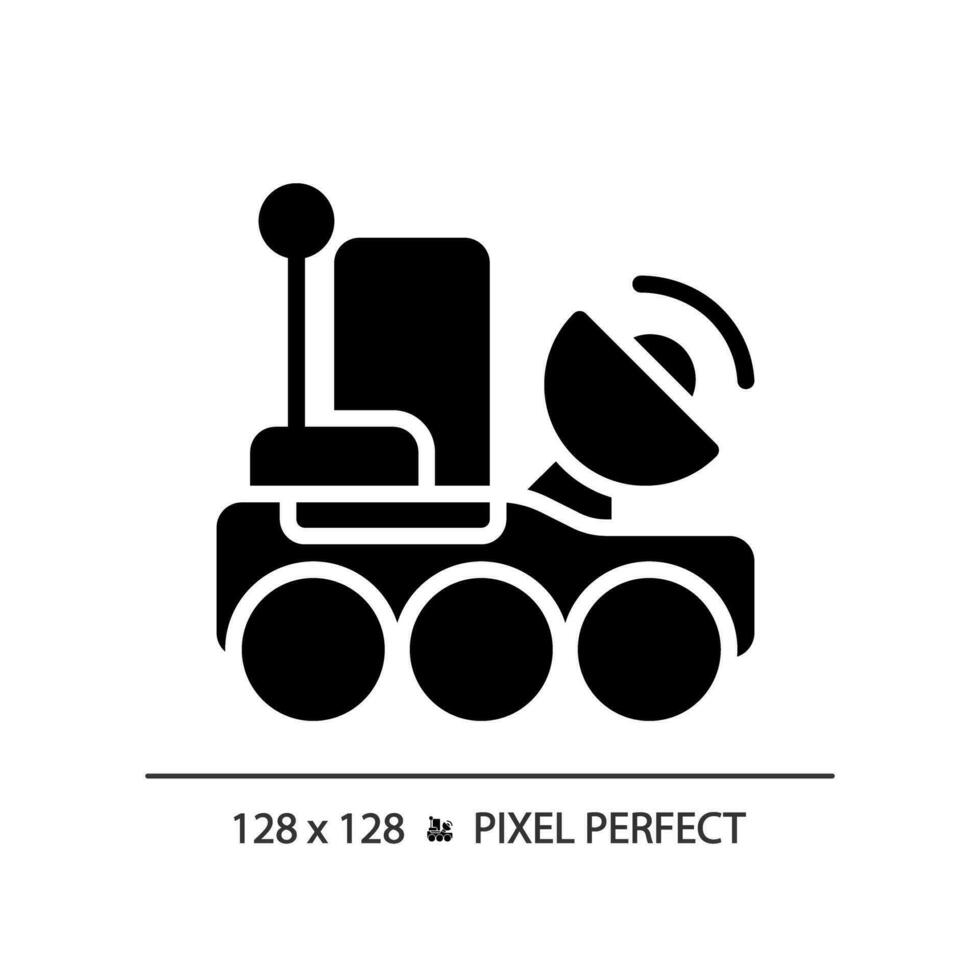 maan- rover pixel perfect zwart glyph icoon. maan missie. robot voertuig. ruimte vervoer. wetenschappelijk verkenning. silhouet symbool Aan wit ruimte. solide pictogram. vector geïsoleerd illustratie