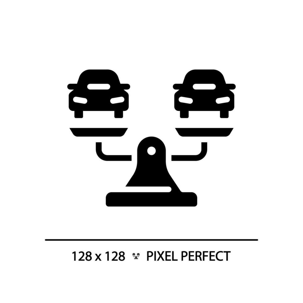 2d pixel perfect silhouet auto's Aan gewicht schaal icoon, geïsoleerd vector, glyph stijl zwart illustratie vertegenwoordigen vergelijkingen vector