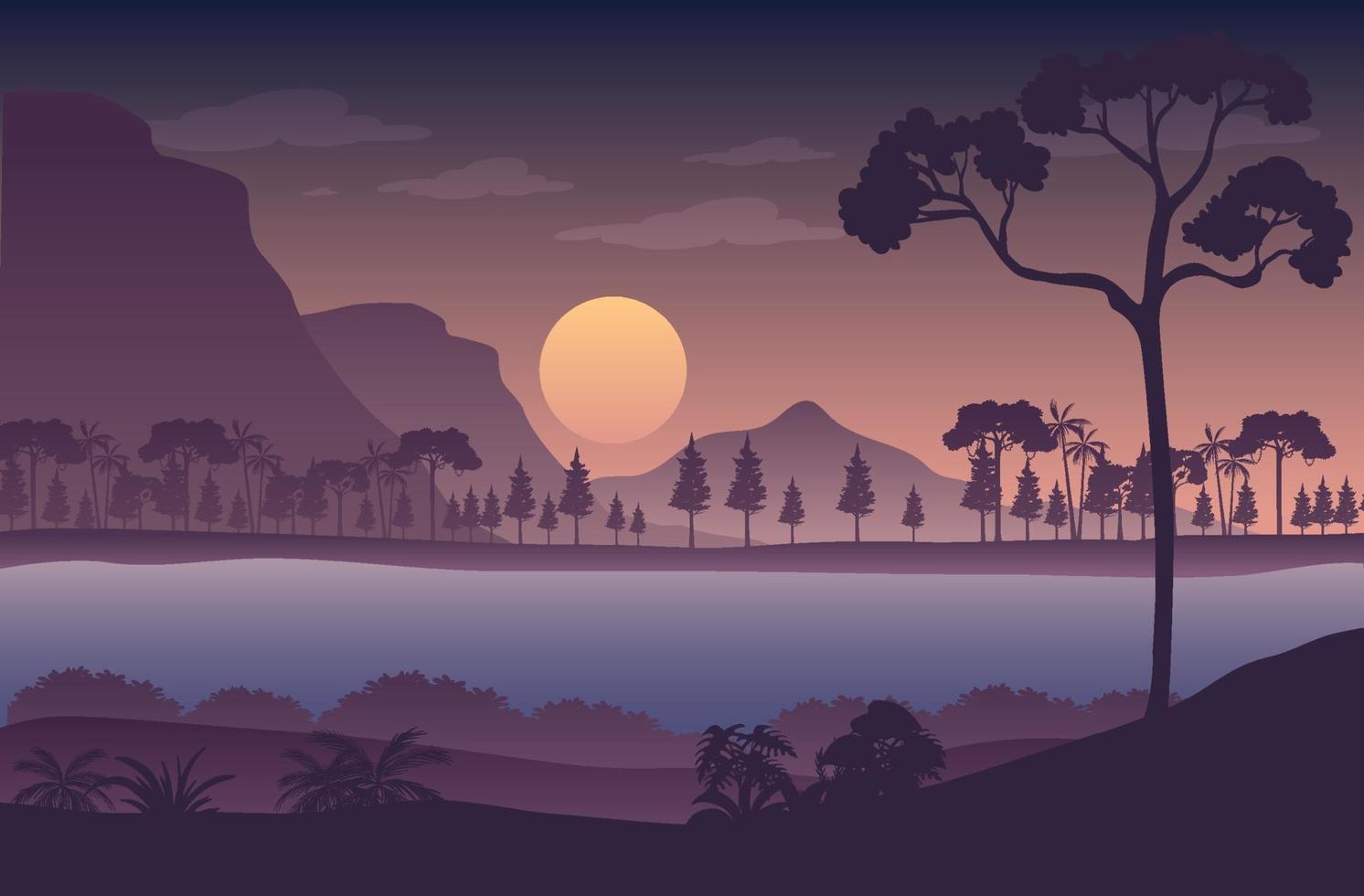 silhouet schemering bos landschap achtergrond vector