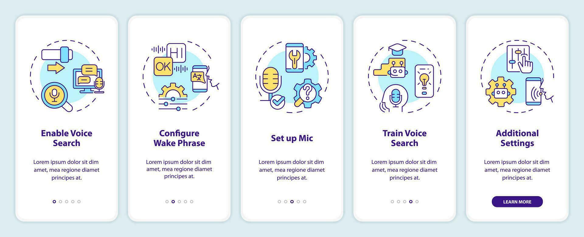 2d pictogrammen vertegenwoordigen stem assistent mobiel app scherm set. walkthrough 5 stappen kleurrijk grafisch instructies met lineair pictogrammen concept, ui, ux, gui sjabloon. vector