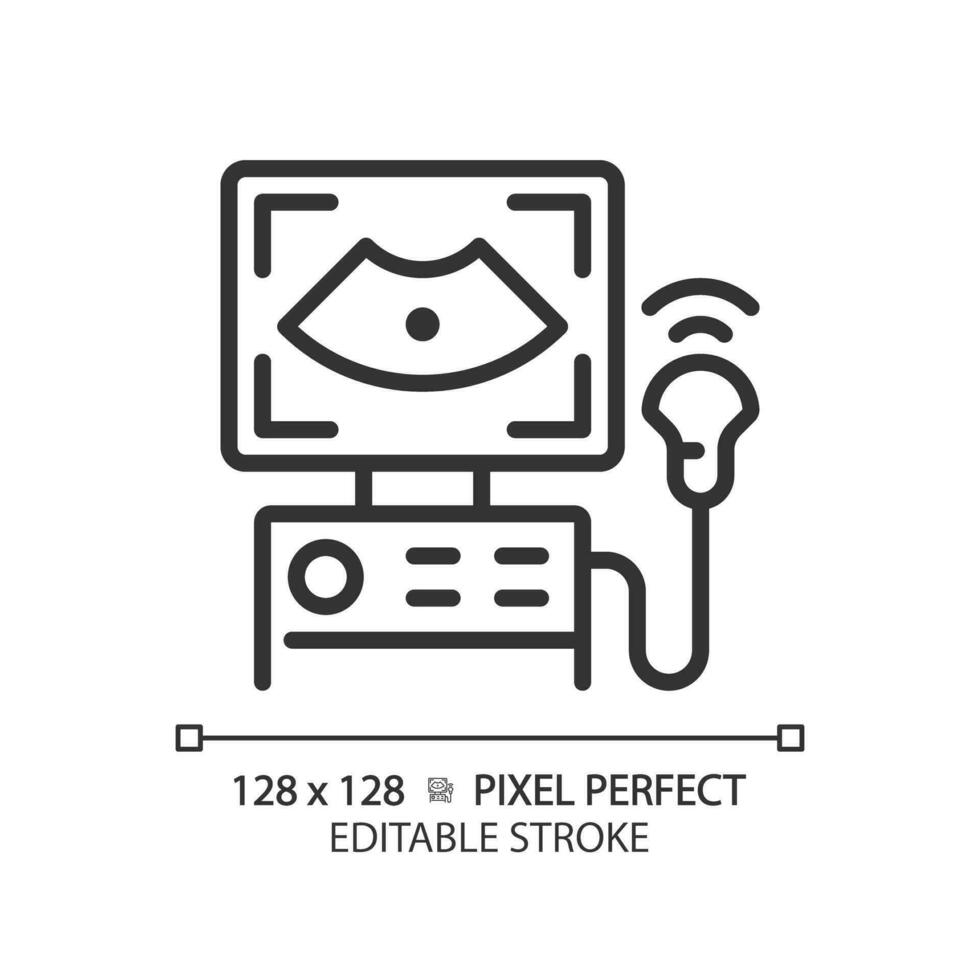 echografie machine pixel perfect lineair icoon. zwangerschap zorg. medisch in beeld brengen. ziekenhuis apparatuur. controleren omhoog. dun lijn illustratie. contour symbool. vector schets tekening. bewerkbare beroerte