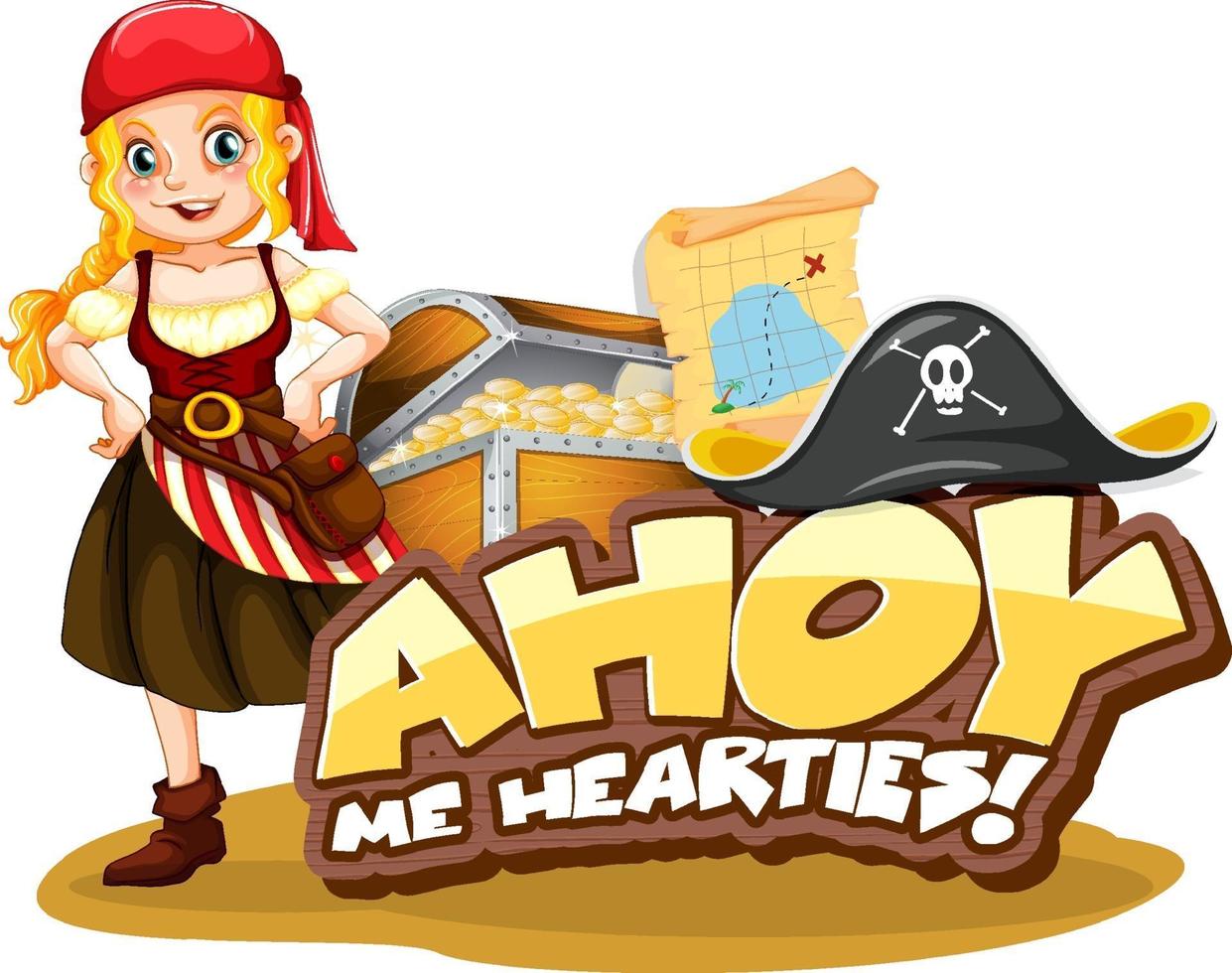 piratentaalconcept met ahoy me hearties-lettertype en een piratenmeisje vector