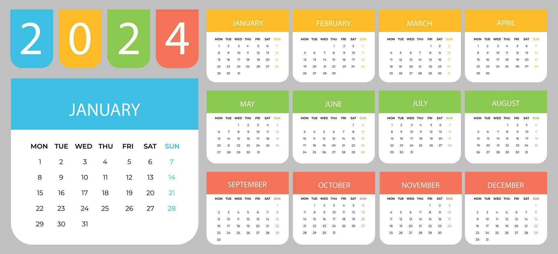 vlak 2024 maandelijks kalender sjabloon vector