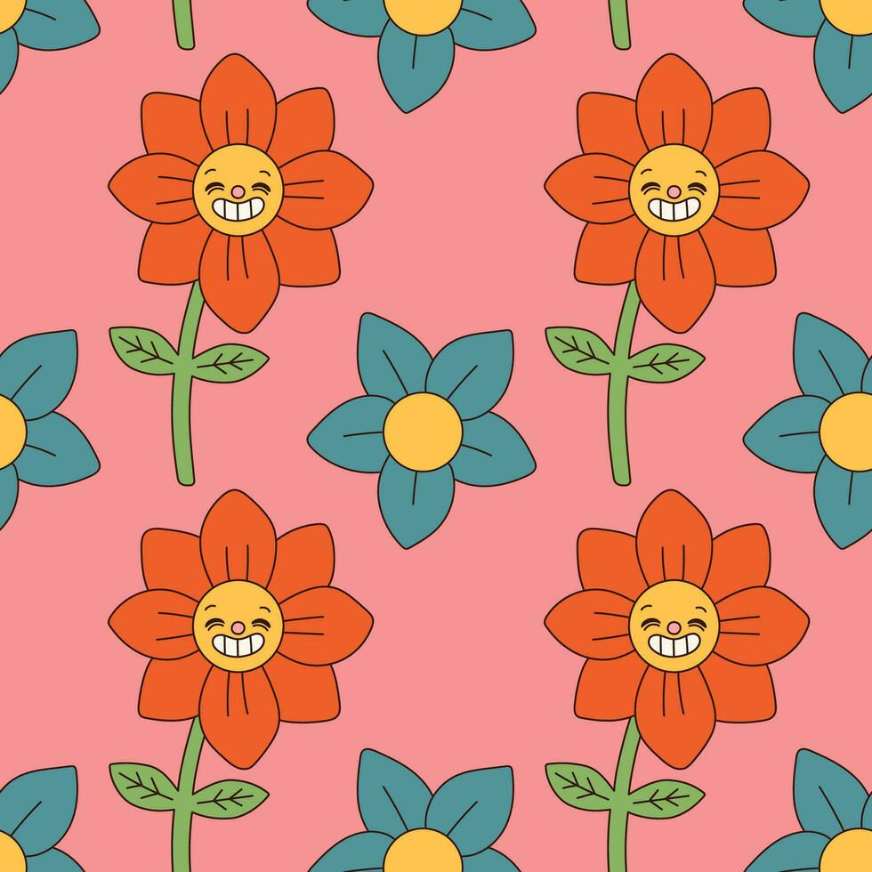 groovy bloemen naadloos patroon. retro jaren 70 glimlachen gezicht bloemen grafisch elementen geïsoleerd. hippie, vrede, bloem macht gemakkelijk lineair stijl groovy decoratief vector illustratie. retro wijnoogst bloemen.