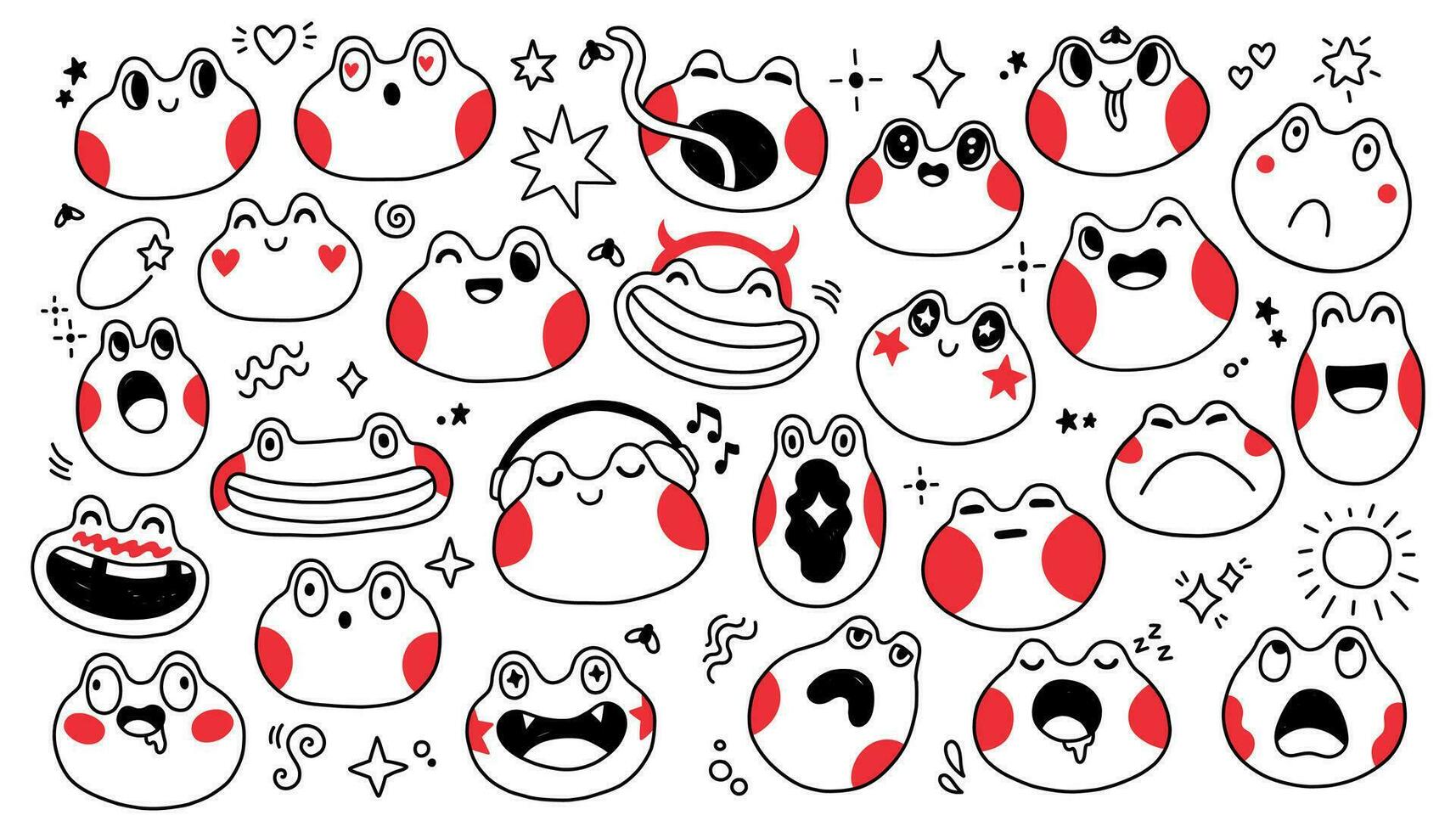 schattig kikker tekening set. tekenfilm kikker stickers emoticons met verschillend emoties. zwart en rood kikker. vector illustratie. 1 pak.