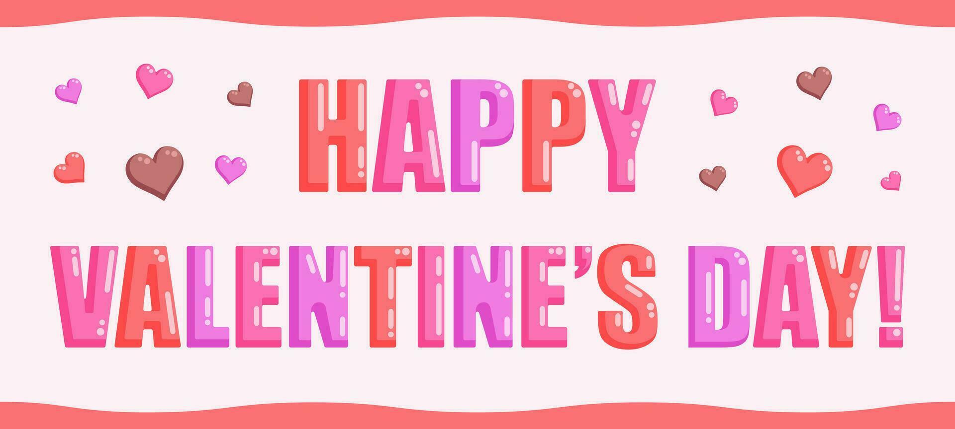 Valentijnsdag dag banier, geliefden dag groet kaart, kleurrijk doopvont decoratie met glanzend brieven. vector illustratie.