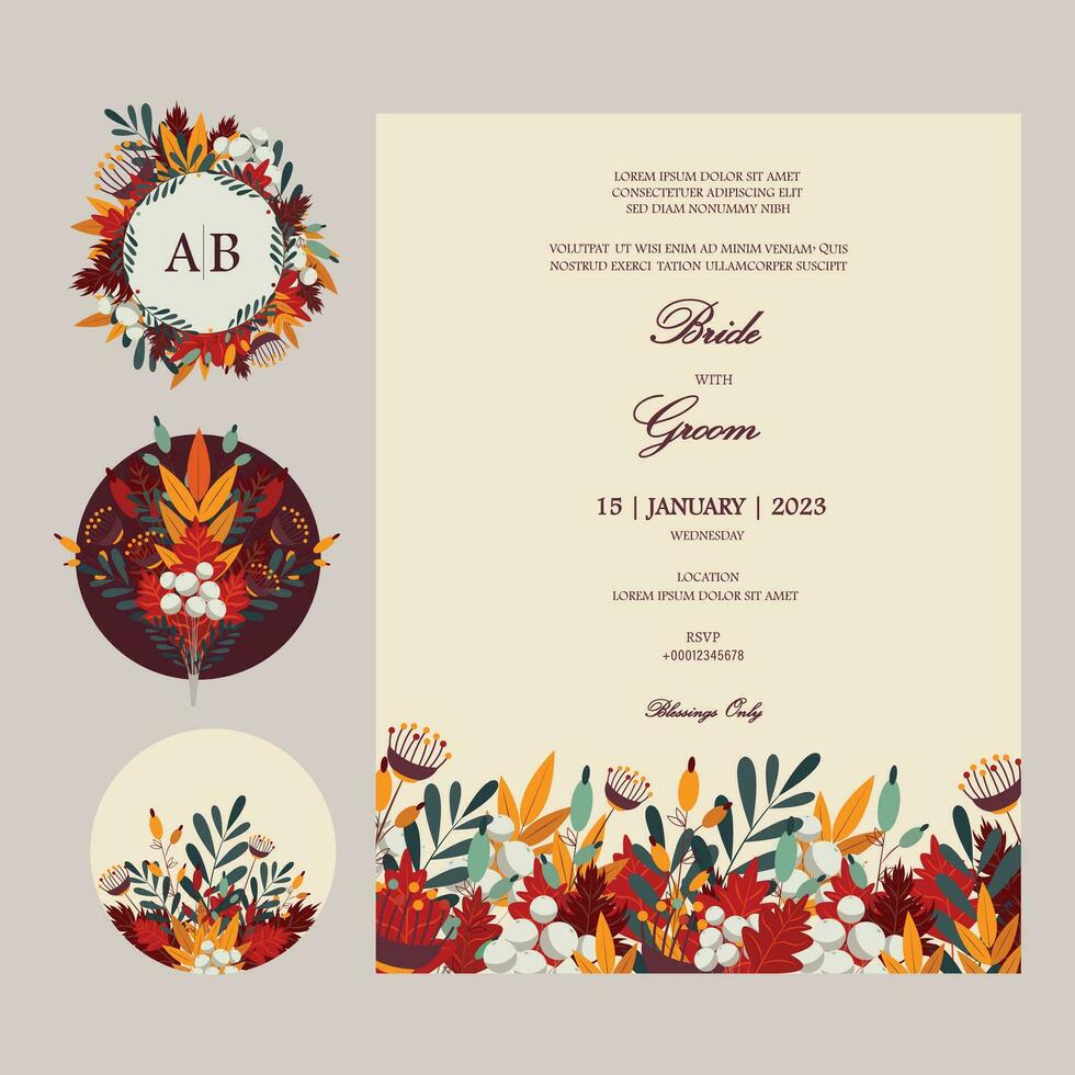 vector overladen bruiloft uitnodiging kaart met omhullen stickers. bloemen ronde stickers, etiketten, labels, monogram met een bruiloft kaart sjabloon in vallen kleuren met plaats voor teksten