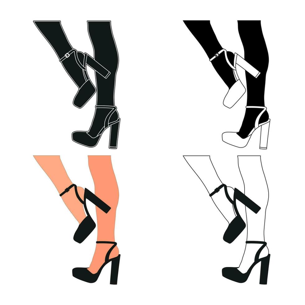 silhouet schets van vrouw poten in een houding. schoenen stiletto's, hoog hakken. wandelen, staan, rennen, springen, dans vector