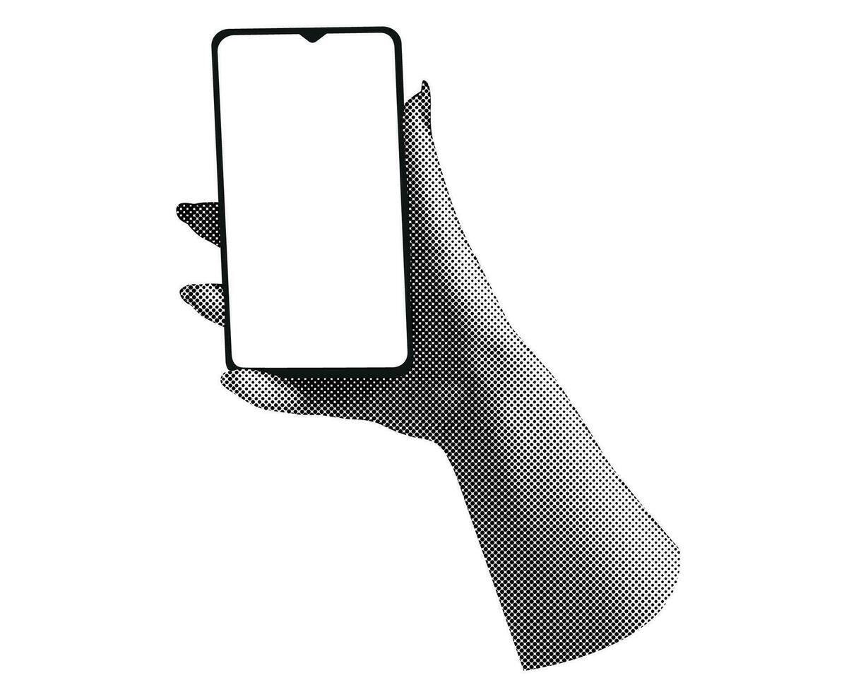 smartphone in halftone hand. neiging vector collage.