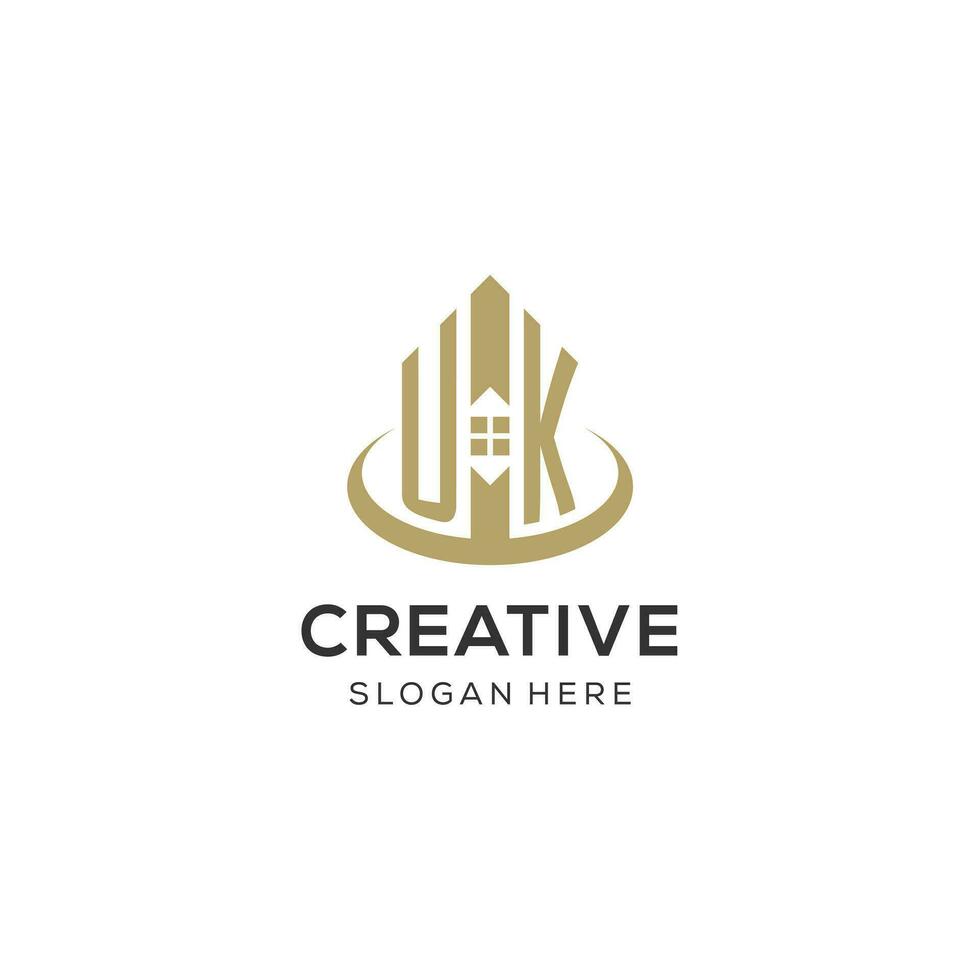 eerste uk logo met creatief huis icoon, modern en professioneel echt landgoed logo ontwerp vector