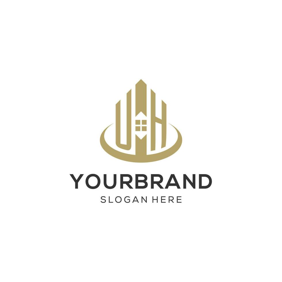 eerste uh logo met creatief huis icoon, modern en professioneel echt landgoed logo ontwerp vector