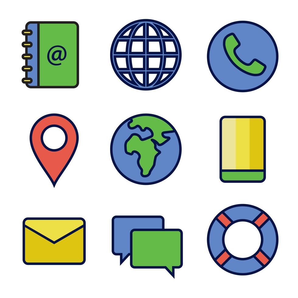 icon set van contact in primaire kleur. ontwerpelement van visitekaartje vector