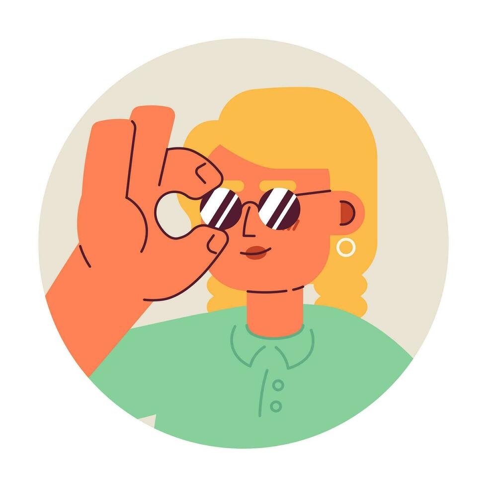 koel jong meisje vervelend zonnebril 2d vector avatar illustratie. modieus Kaukasisch vrouw blond tekenfilm karakter gezicht portret. uitdrukken jezelf vlak kleur gebruiker profiel beeld geïsoleerd Aan wit