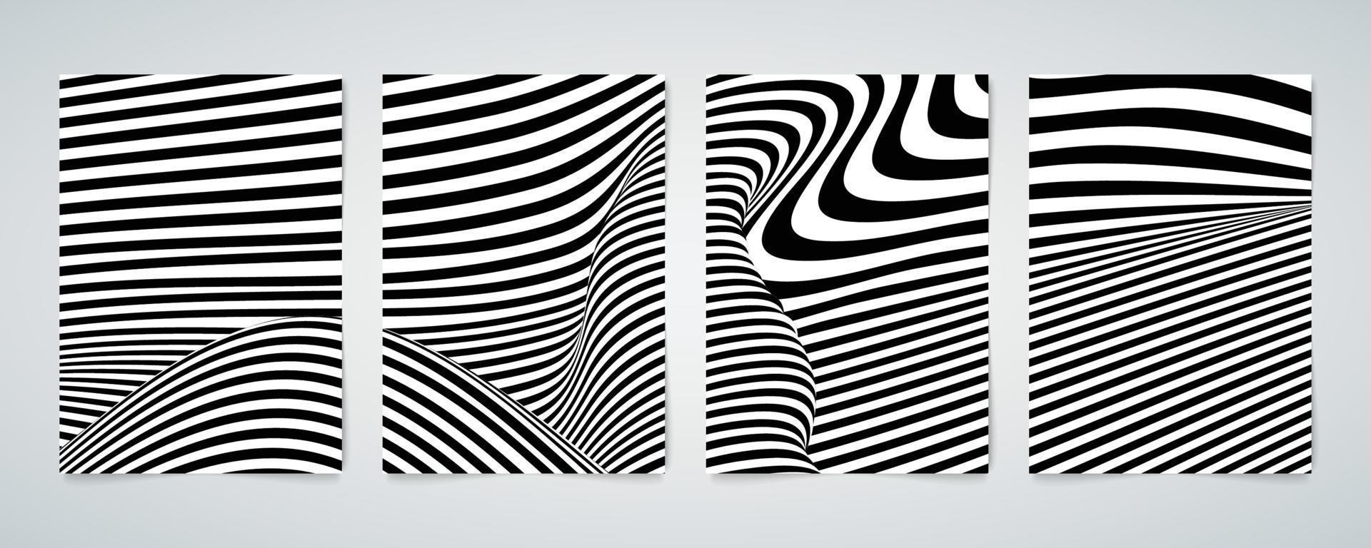 abstracte op-art van vervorming lijnpatroon golvende brochure poster set. vector