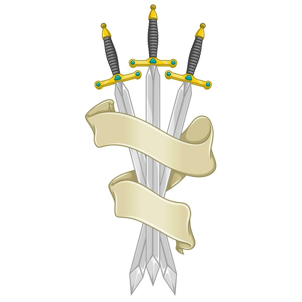 Europese middeleeuws zwaard vector ontwerp, middeleeuws Zwaarden omsingeld met heraldisch lint