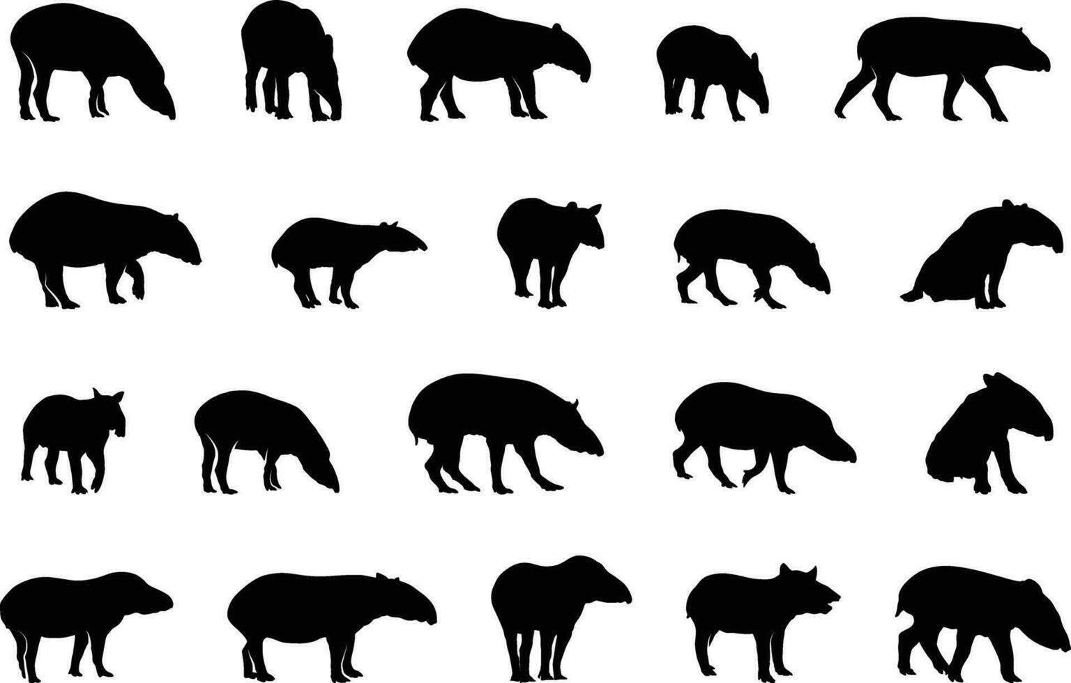 tapir silhouetten, Maleis tapir silhouet, tapir vector set, tapir dier bundel