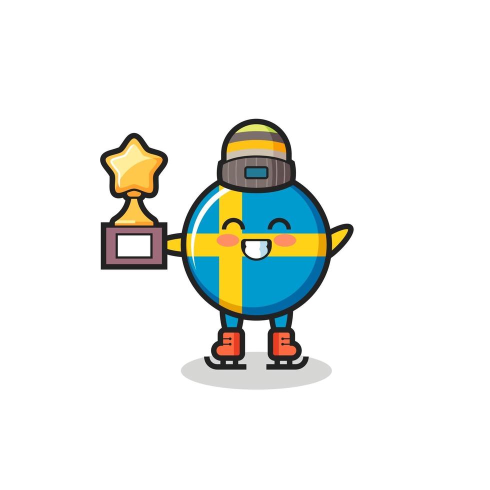 zweden vlag badge cartoon als schaatser winnaar trofee houden vector