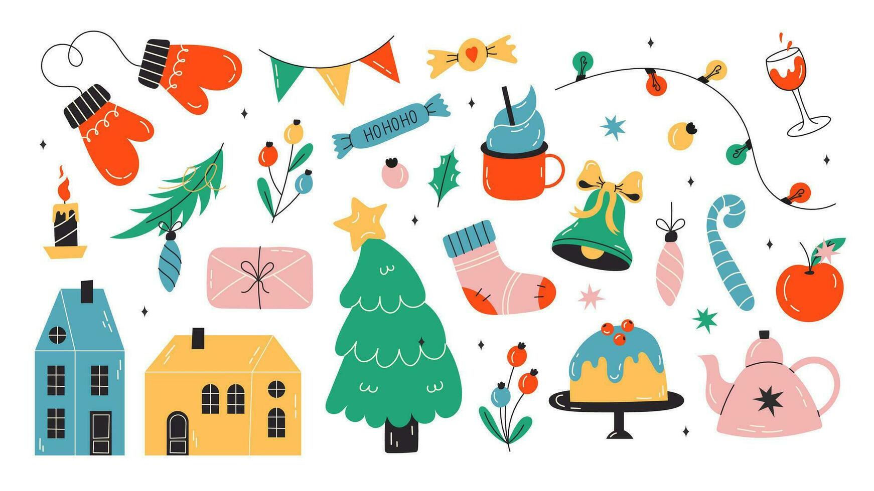 reeks van schattig vrolijk Kerstmis en gelukkig nieuw jaar illustraties of stickers. feestelijk Kerstmis tekens en voorwerpen. vector voorraad illustratie Aan geïsoleerd wit achtergrond. klok, wanten, guirlande.