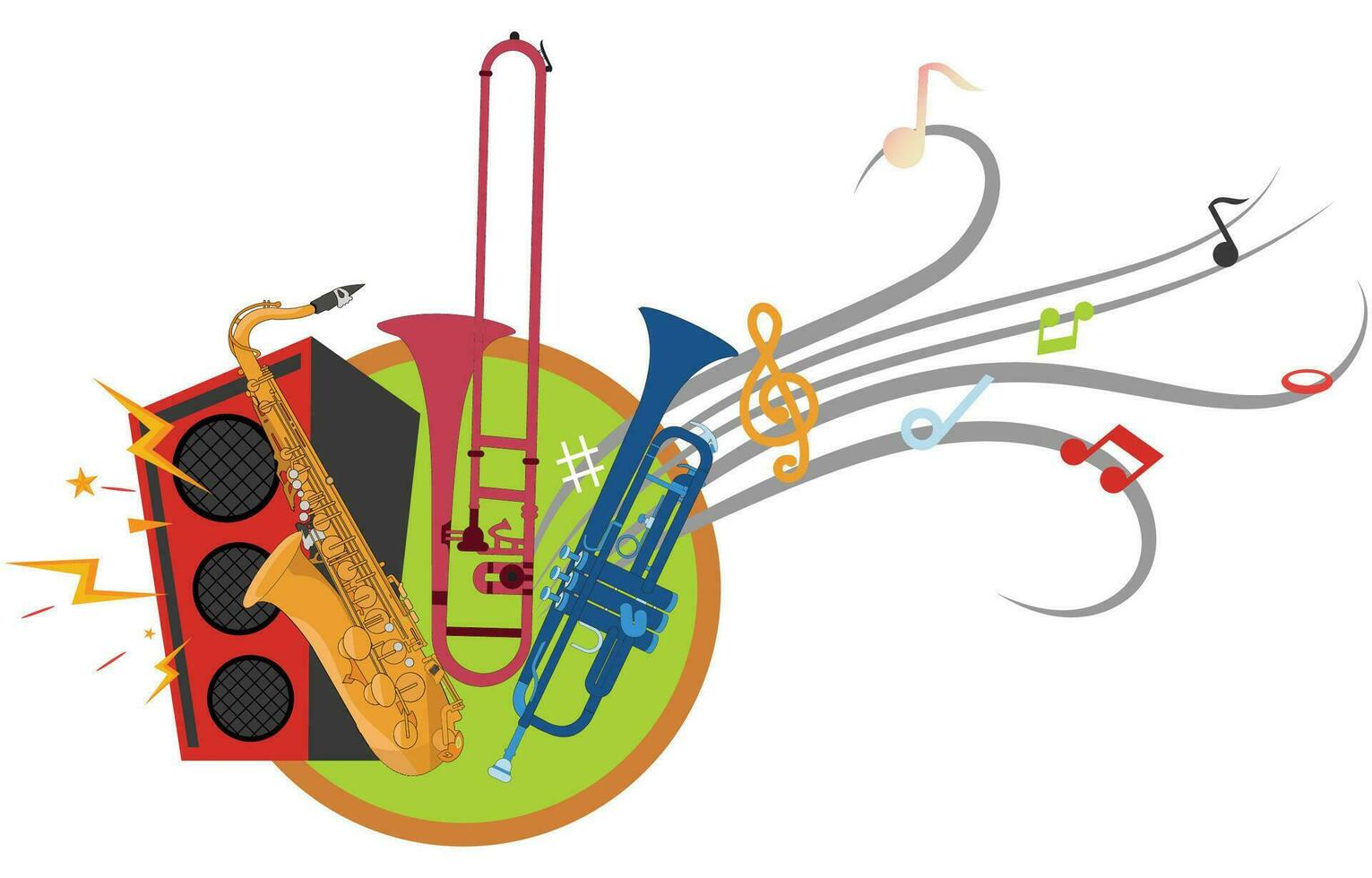 begeleiding, muziek- scoren, geluid systeem, trompet, saxofoon. messing instrument. vector