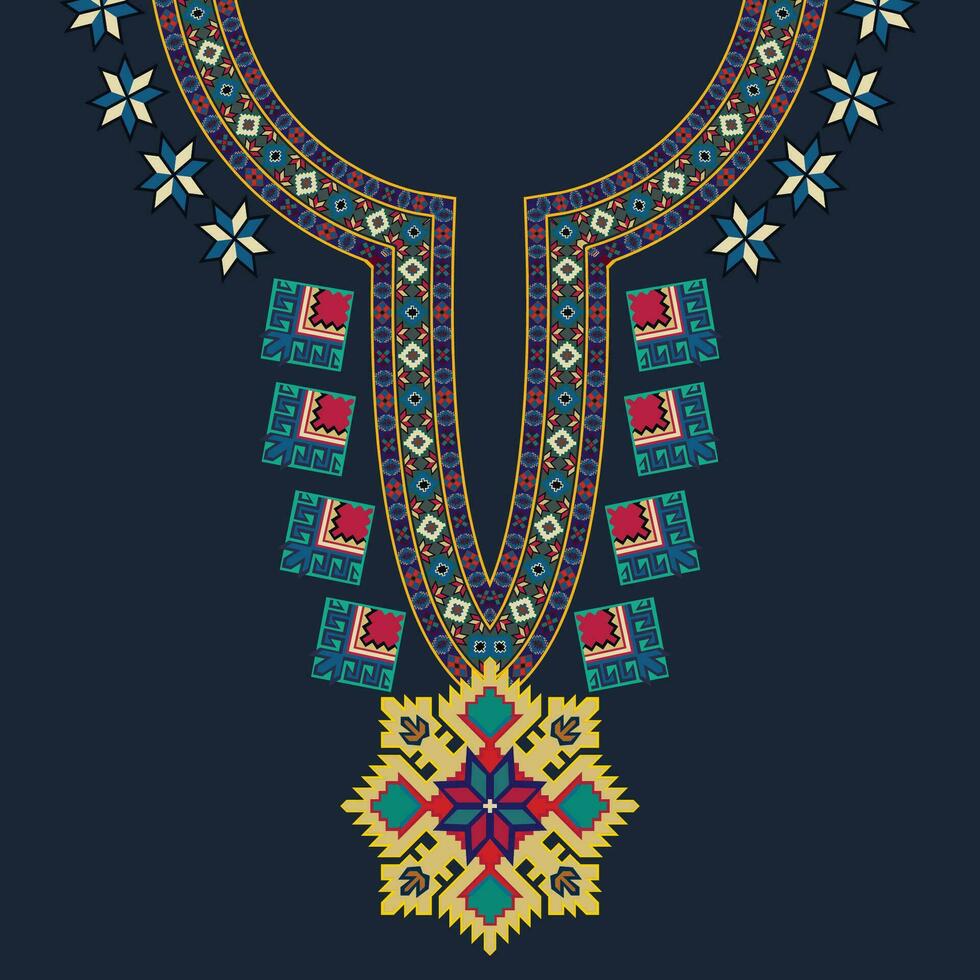 mooi halslijn borduurwerk.geometrisch etnisch oosters patroon traditioneel Aan zwart achtergrond.aztec stijl,samenvatting,vector,illustratie.ontwerp voor textuur, stof, kleding, mode Dames dragen, afdrukken. vector