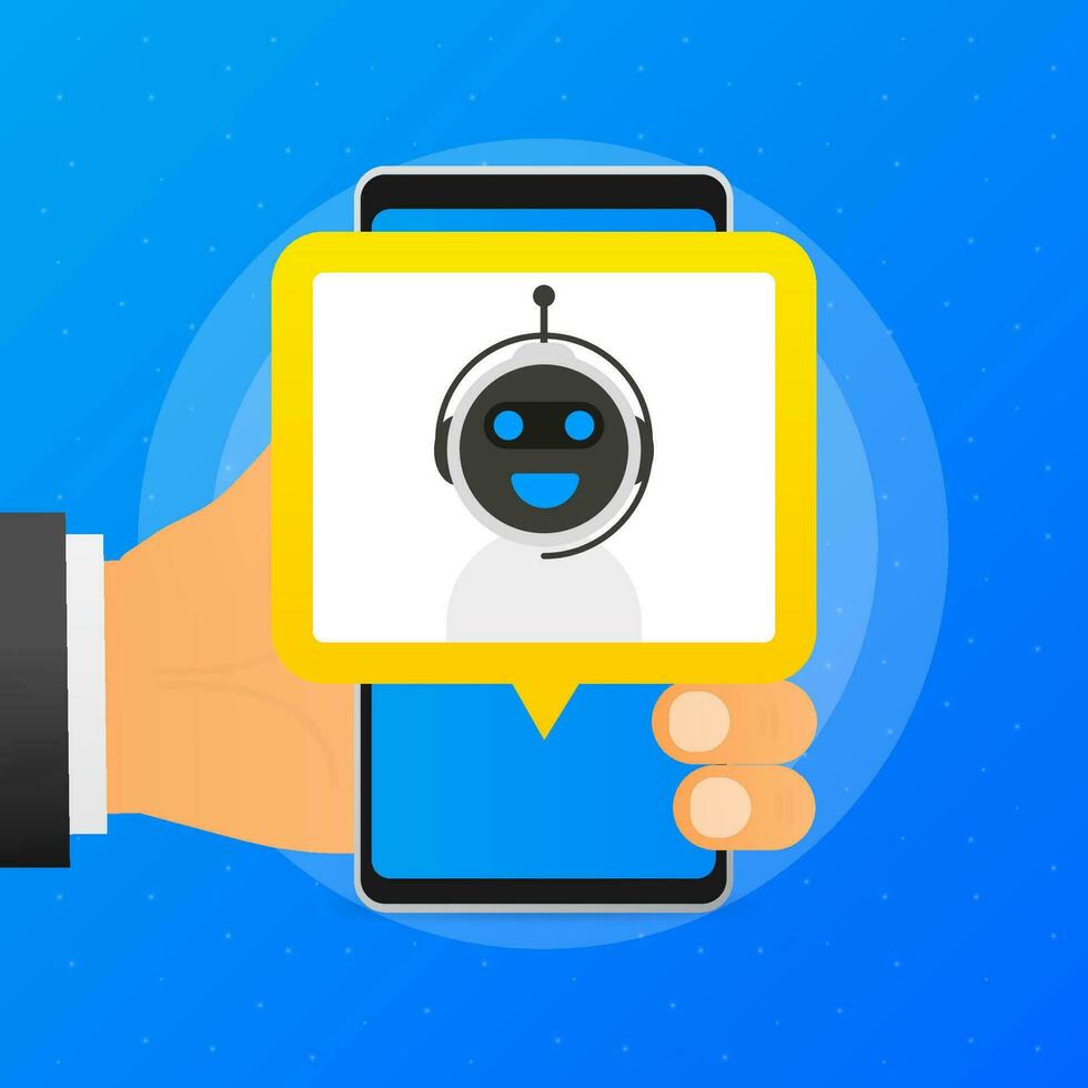 hand- houdt telefoon met babbelen met bot Aan blauw achtergrond. vector illustratie.