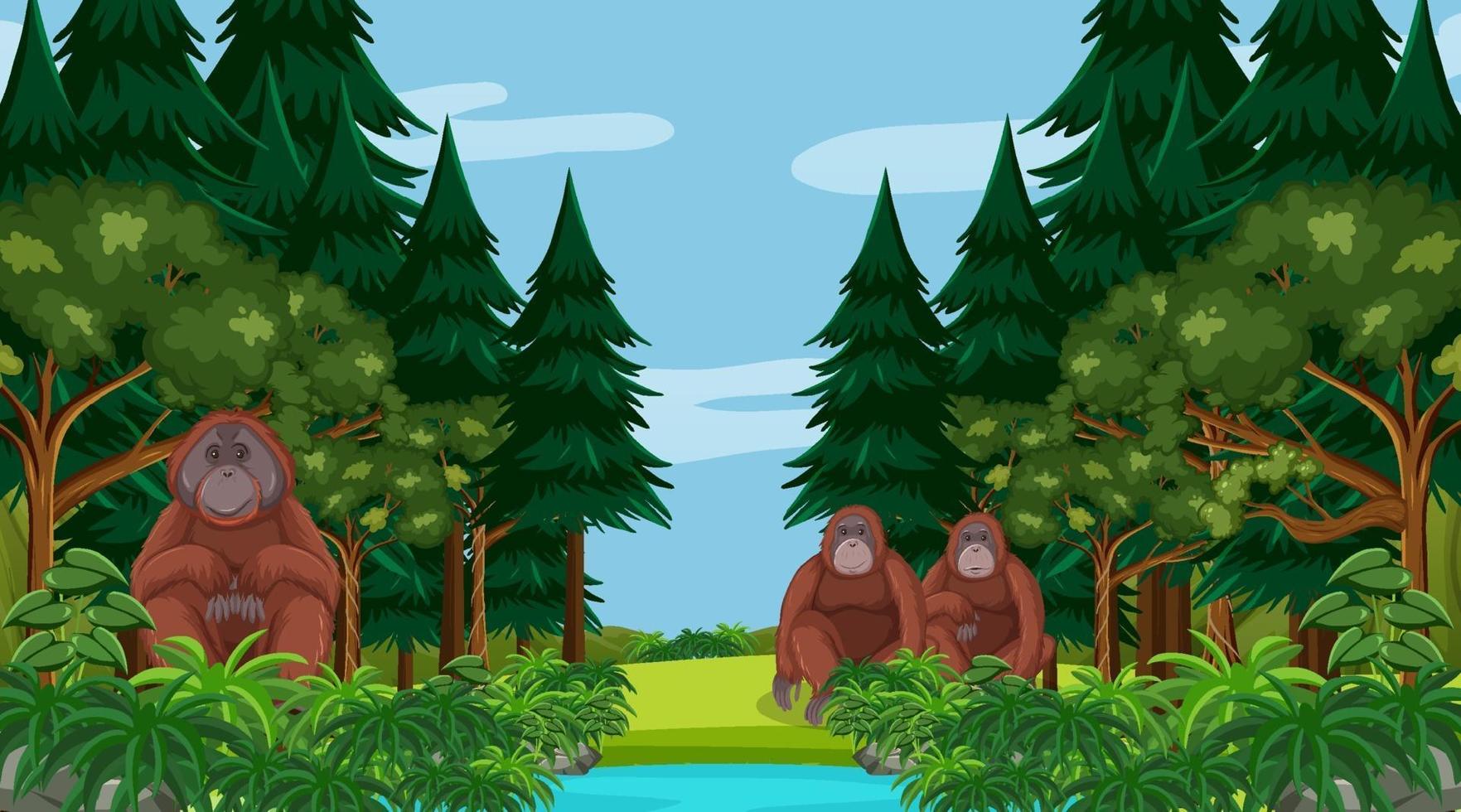orang-oetan in bos- of regenwoudscène met veel bomen vector
