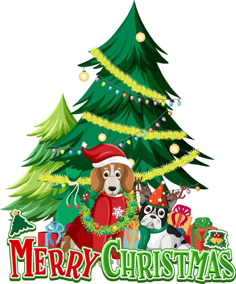 vrolijk kersttekstlogo met kerstboom en schattige honden vector