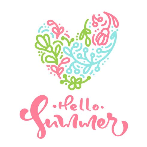 Scandinavische kalligrafie belettering tekst Hallo zomer met bloemen hart vector