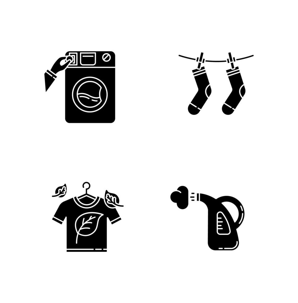 kleren wassen zwarte glyph-pictogrammen op witruimte vector