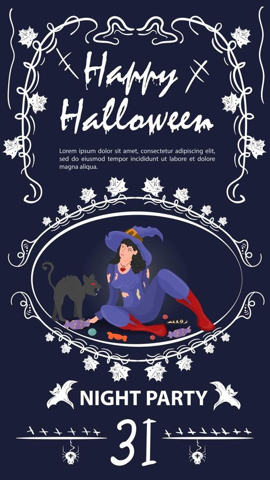 vintage labeluitnodiging voor halloween-heks met een kat in een frame vector