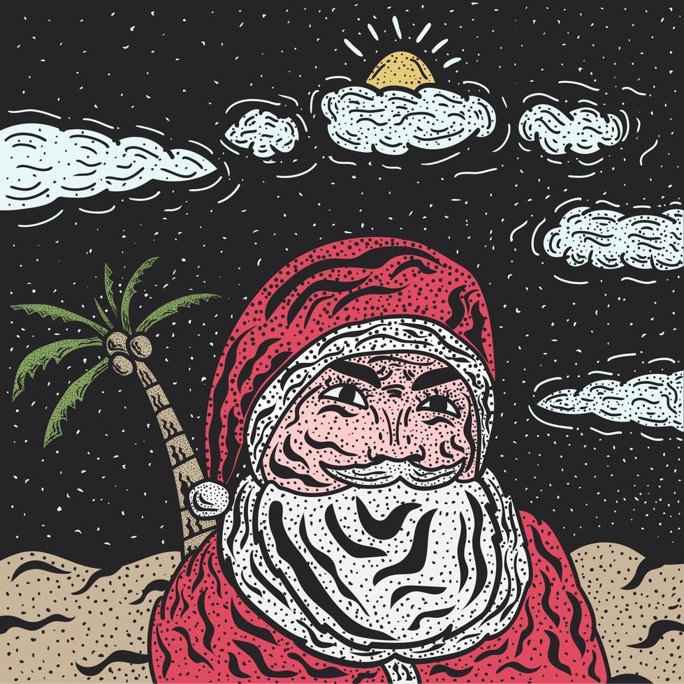 santaillustratie op de achtergrond van het nachtstrand vector