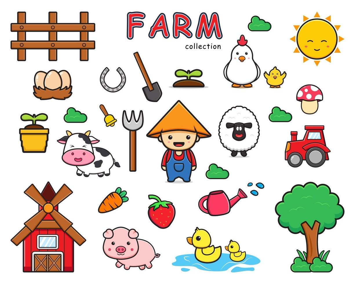 set verzameling van schattige boerderij cartoon doodle illustraties pictogram illustratie vector