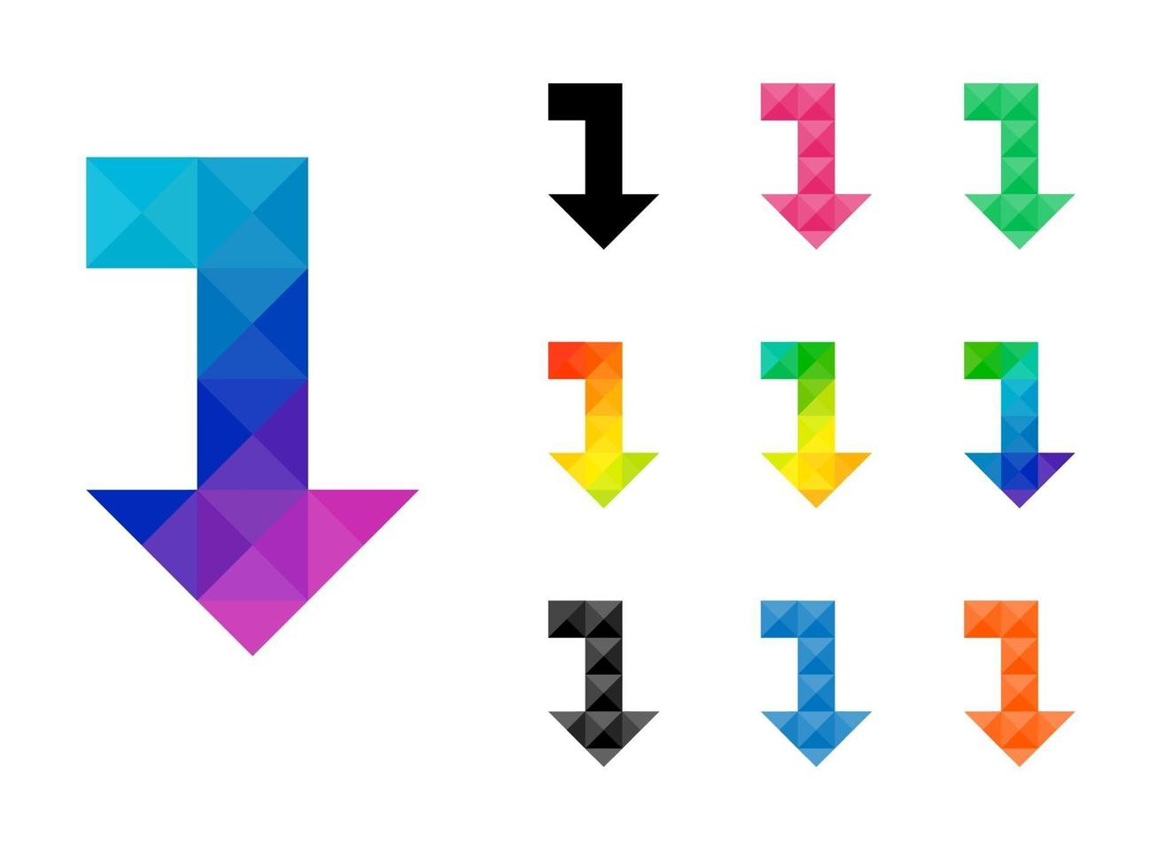 set van kleurrijke pijl van links naar beneden aanwijzer vector