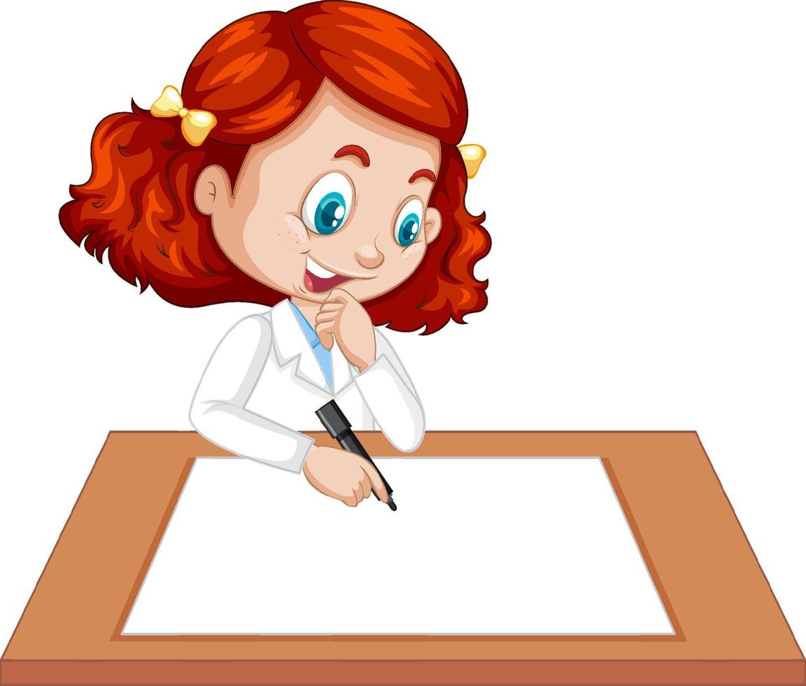 schattig meisje draagt wetenschapper uniform schrijven op blanco papier vector