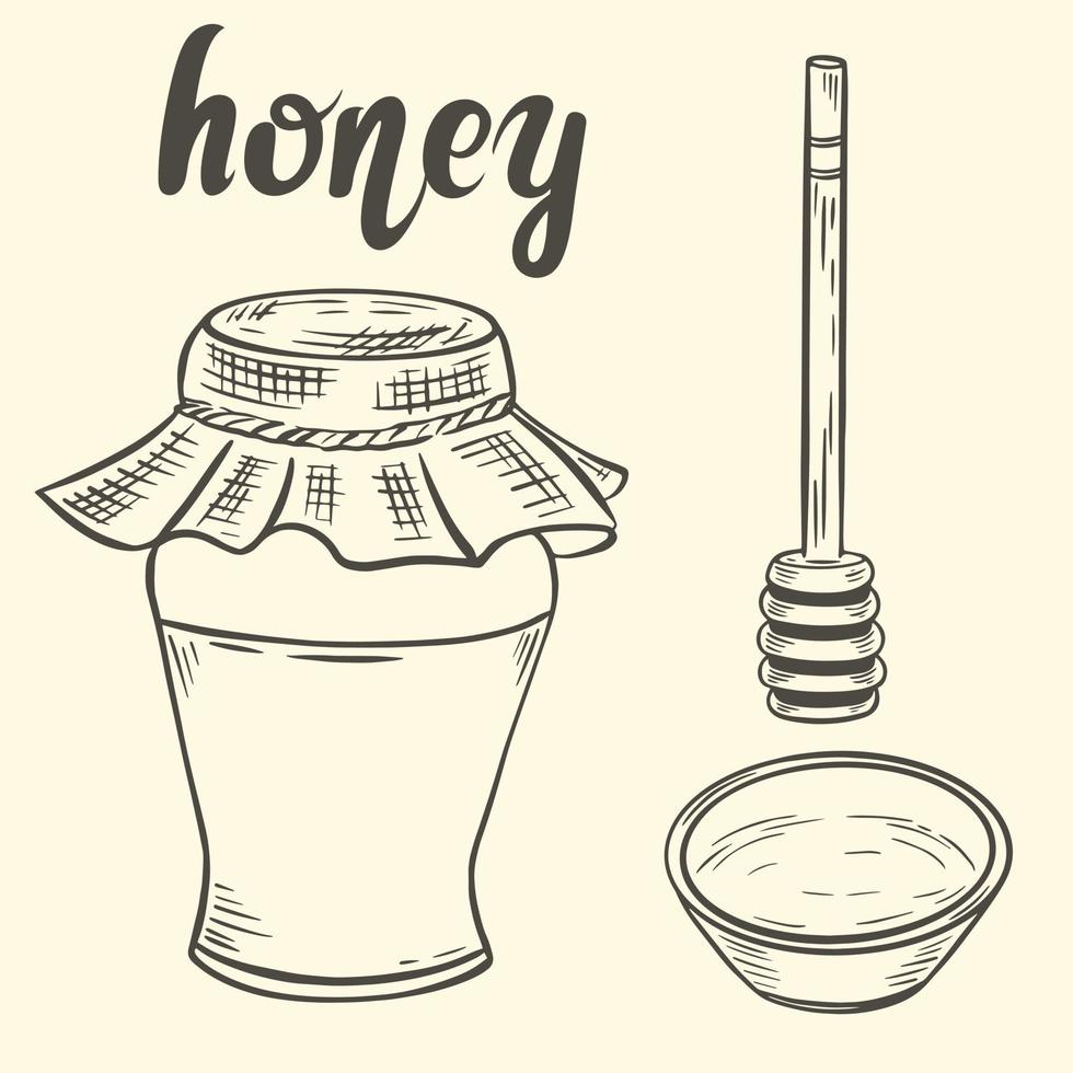 schets van honingpot lepel en kom vintage vectorillustratie vector