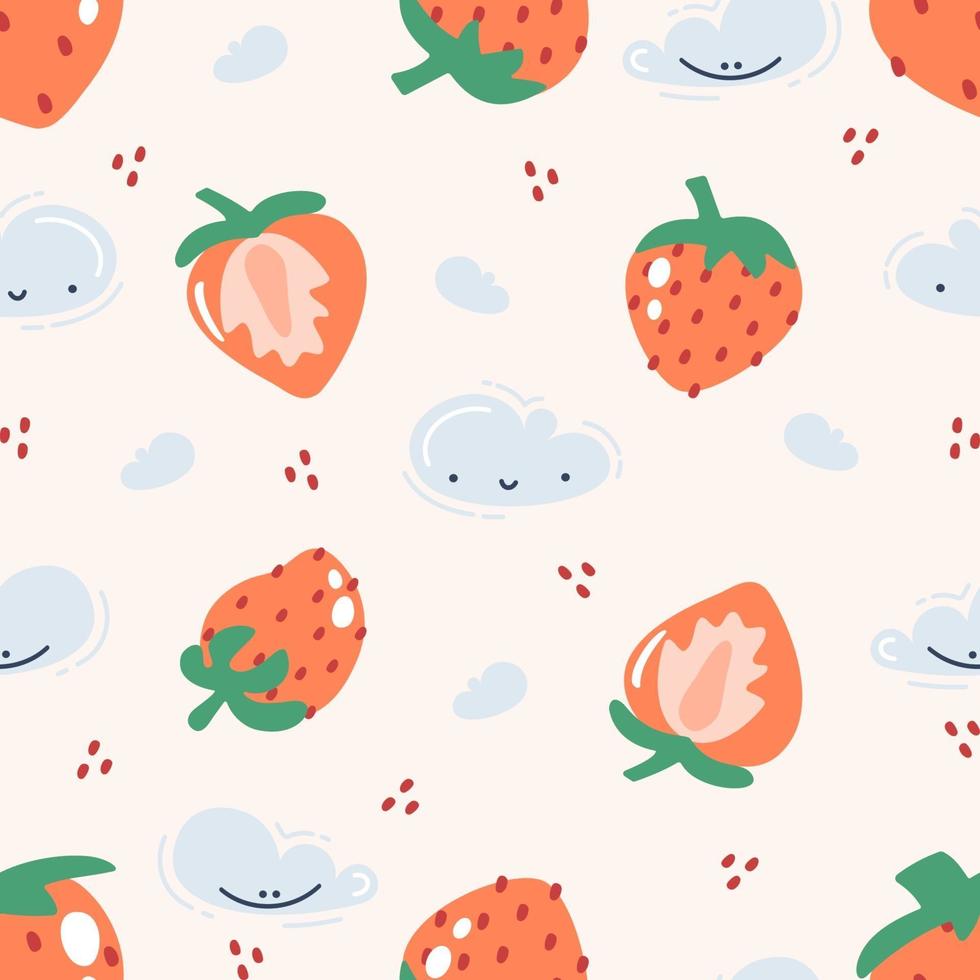 naadloos patroon met kleurrijke aardbeien en cartoon blauwe wolken. vector