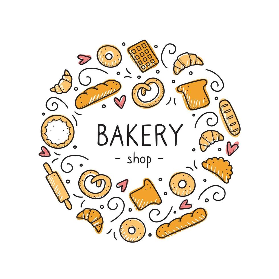 handgetekende set bakkerij- en bakelementen. vectorillustratie. vector