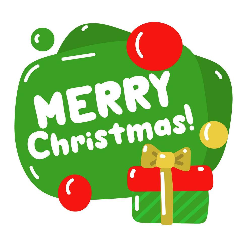vector gemoedelijk groen bal met de opschrift vrolijk Kerstmis met een geschenk geïsoleerd Aan een wit achtergrond. nieuw jaar hartelijk groeten. ontwerp van een Kerstmis groet kaart, banier, poster, stickers