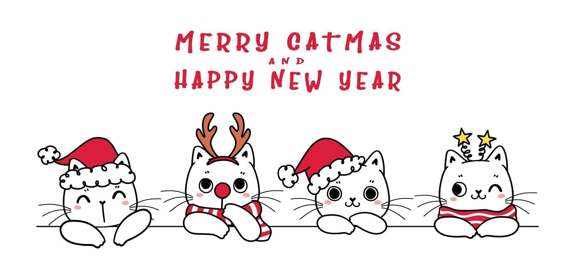 schattige vier kittenkatten in kerstmuts en een gelukkig nieuwjaarsbanner vector