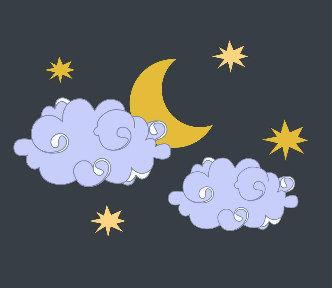 halve maan maan in wolken, sterren, vector ontwerp Aan donker achtergrond