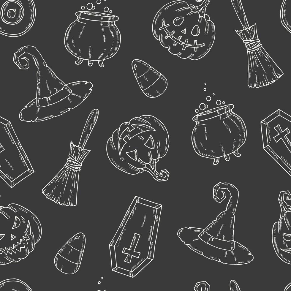naadloos patroon met halloween-pictogrammen in schetsstijl. vector