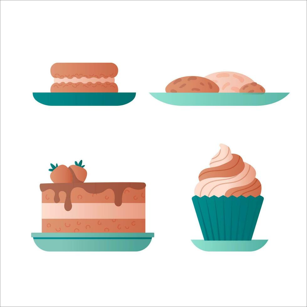 taarten, Super goed ontwerp voor ieder doeleinden. smakelijk banketbakkerij verzameling. vlak vector illustratie.
