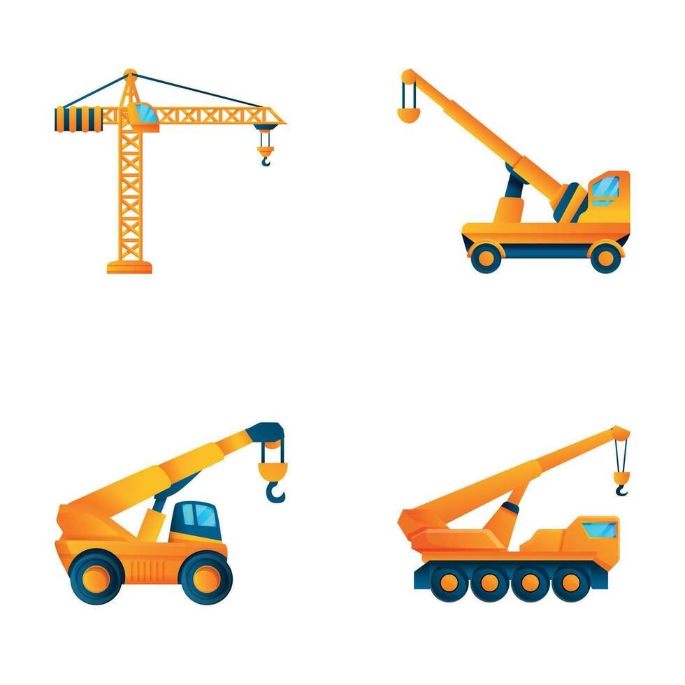 kraan pictogrammen reeks tekenfilm vector. bouw vervoer voertuig vector
