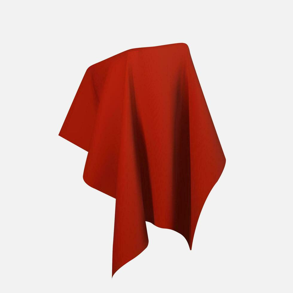 realistisch draperie kleding stof 3d. doos gedekt met rood zijde kleding geïsoleerd Aan wit achtergrond. doos van trucs en magie. tafel voor tentoonstelling voorwerpen. vector illustratie