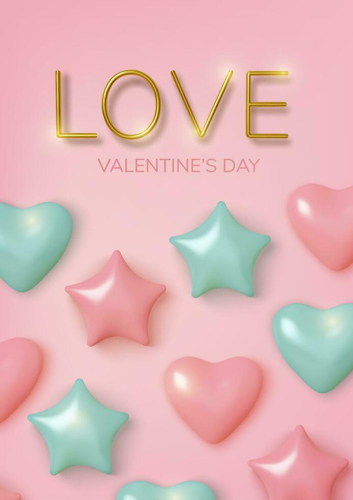 valentijnsdag dag groet kaart. realistisch 3d roze en blauw ballonnen harten en sterren. liefde en bruiloft. sjabloon voor producten, web banners en folders. vector illustratie