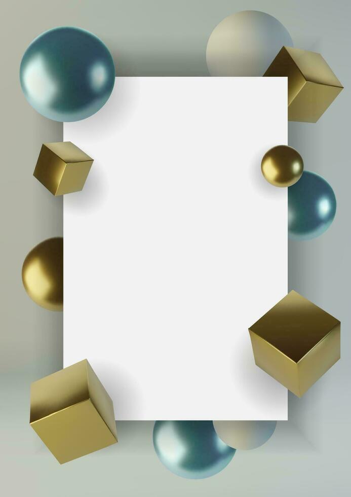 realistisch bollen en kubussen. abstract achtergrond van primitief meetkundig figuren. ontwerp element van 3d gouden en blauw bal en doos. vector illustratie