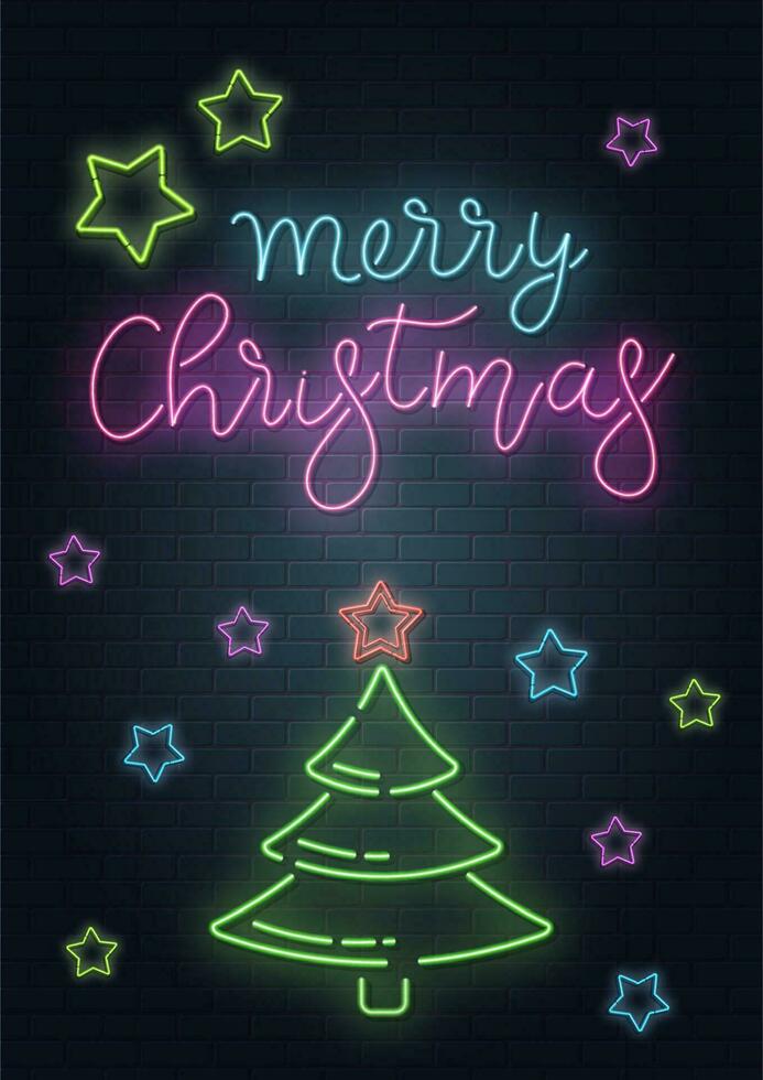 Kerstmis groet kaart, vector achtergrond. Kerstmis belettering in neon stijl Aan steen achtergrond. blauw en Purper neon kleuren, neon sterren en Kerstmis dennenboom. hand- getrokken belettering. vector illustratie