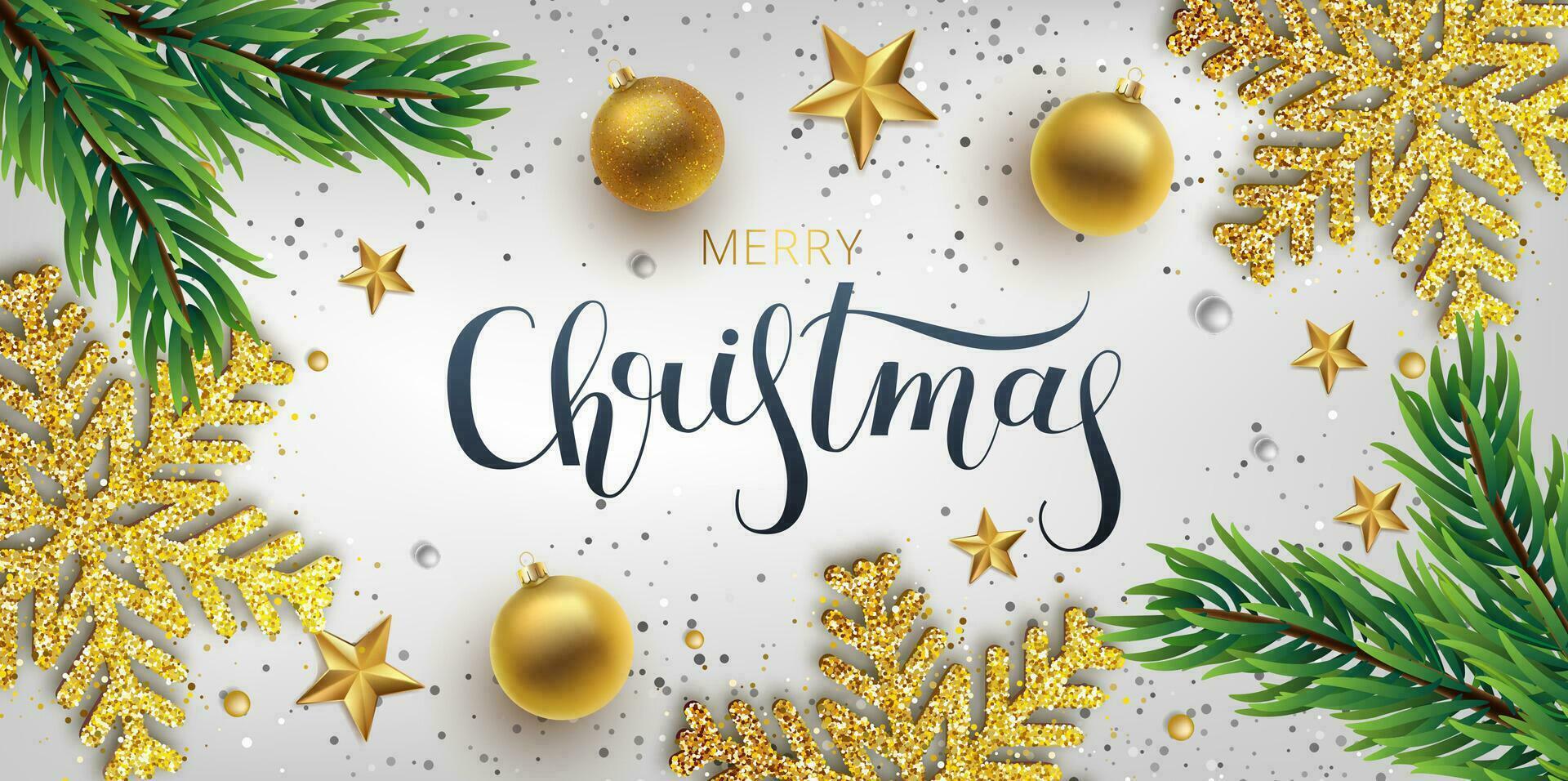 Kerstmis groet kaart, vector background.gold Kerstmis bal, en Afdeling dennenboom. metalen goud en zilver Kerstmis sneeuwvlok. hand- getrokken belettering. vector illustratie